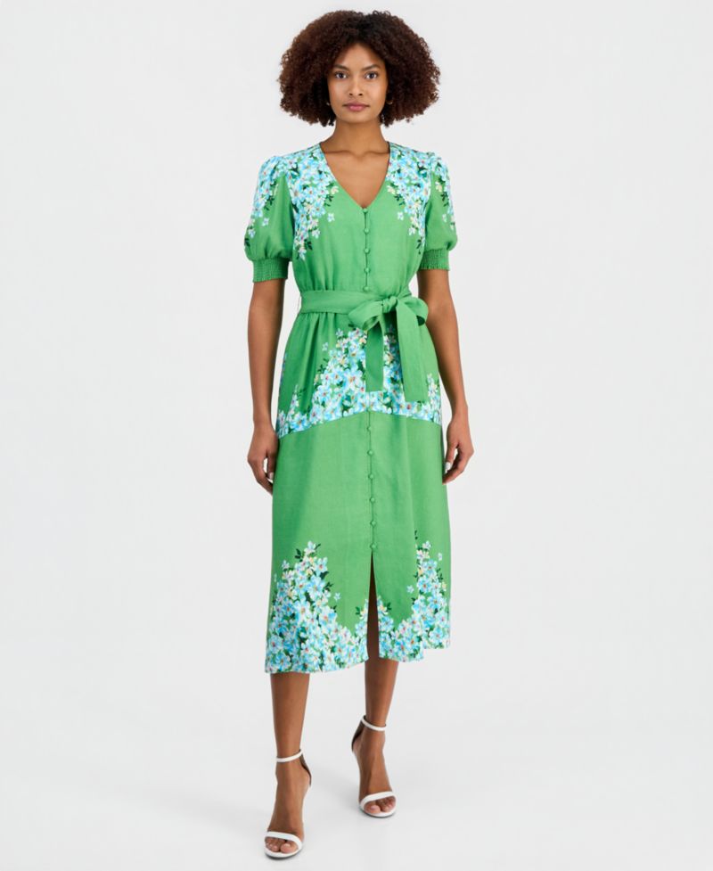 Women's Belted Printed Button-Front Midi Dress
