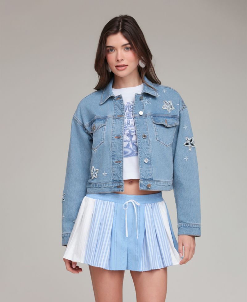 Women's Embroidered Detail Collared Denim Jacket