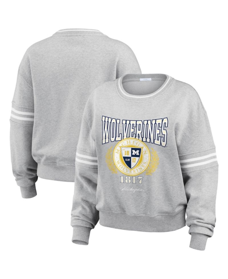 Women's Heather Gray Michigan Wolverines Classic Stripe Pullover Sweater