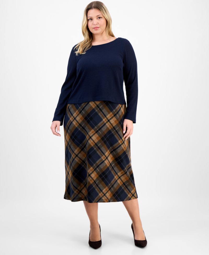 Plus Size Sweater-Top Plaid-Skirt Dress
