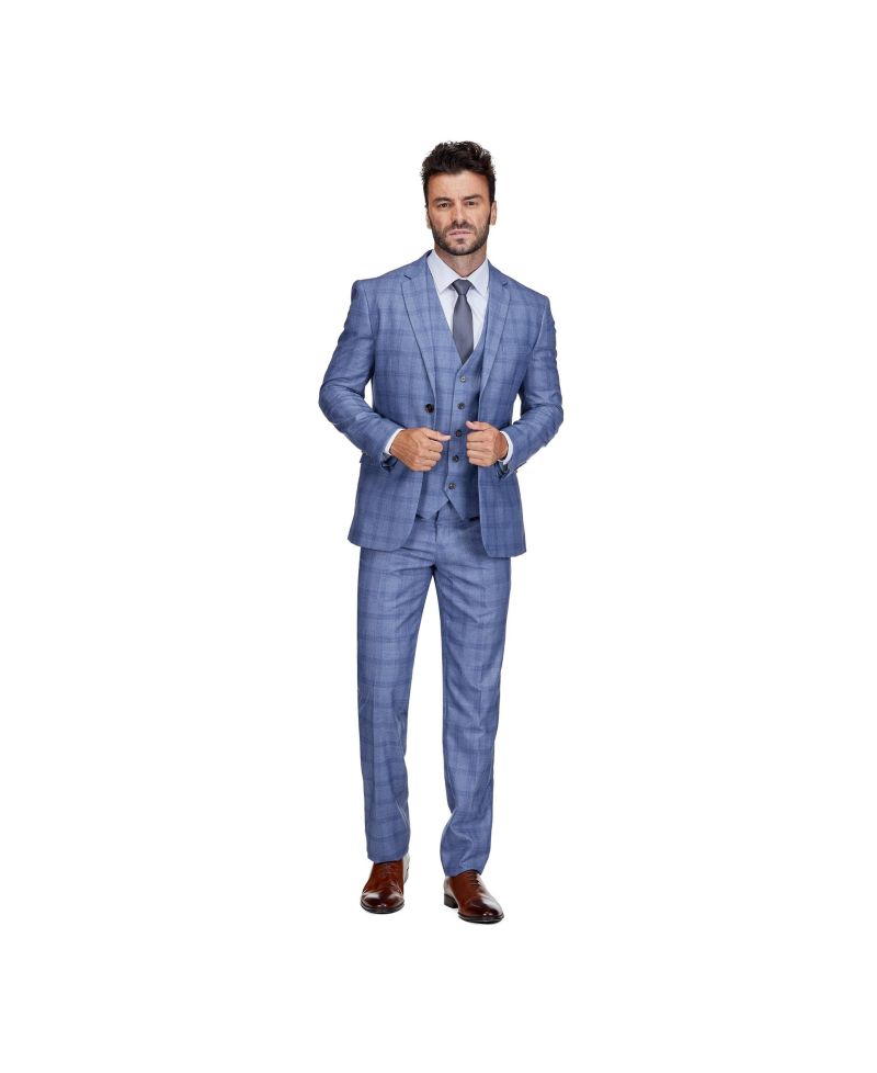 Men's Slim Fit 3-Piece Light Blue Checked Plaid Suit
