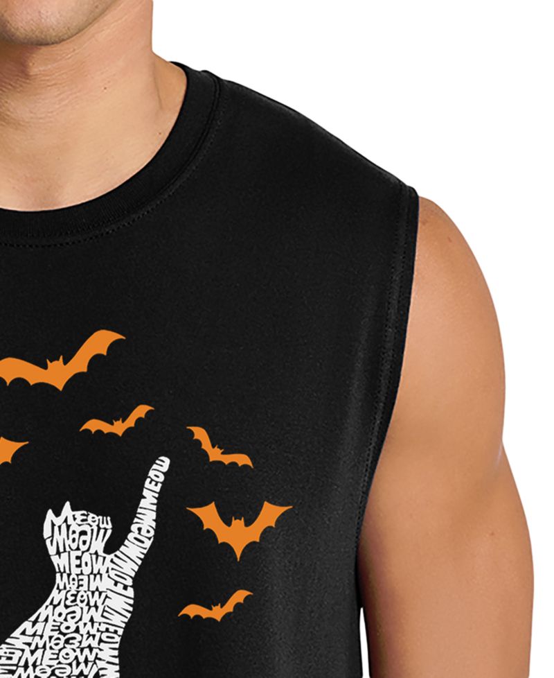 Men's Cat on Moon Halloween Word Art Graphic Tank Top