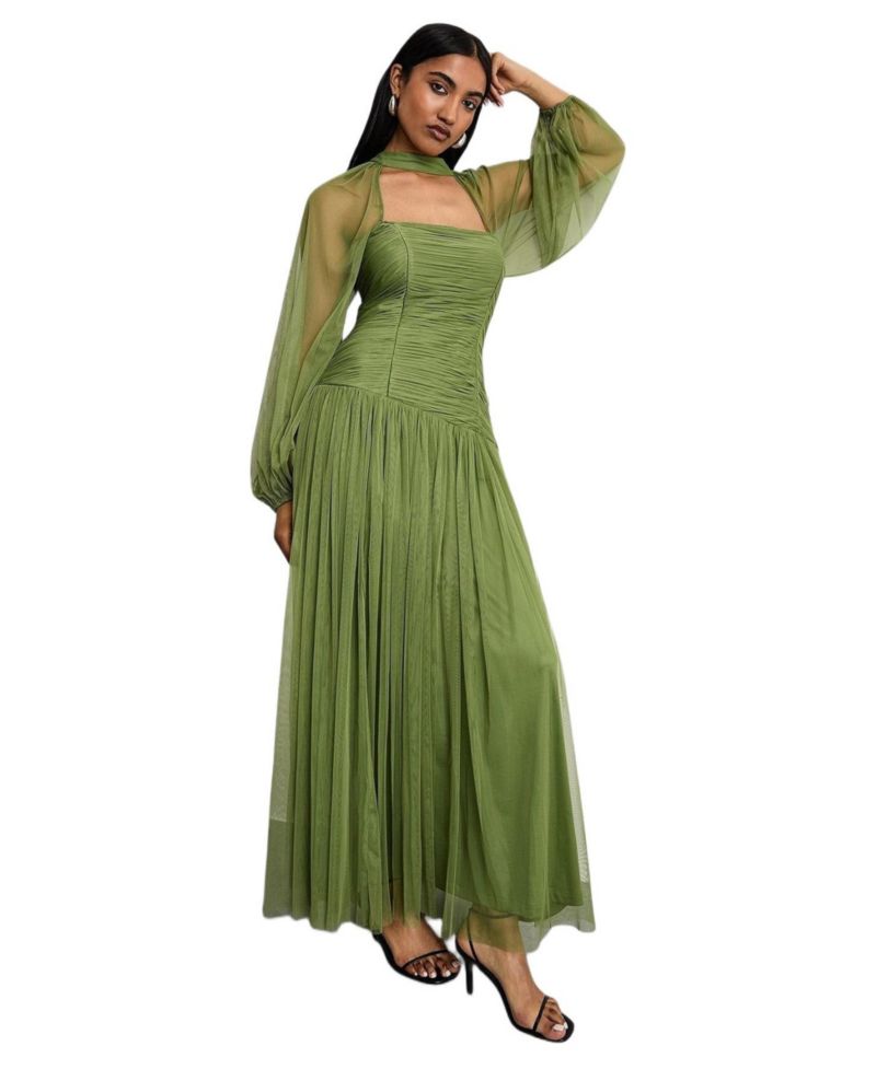 Women's Bow Detail Gathered Tulle Maxi Dress