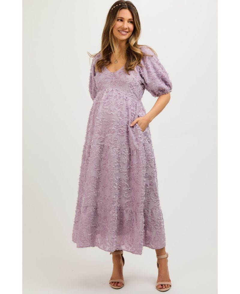 Women's Lavender Fringe Textured Short Puff Sleeve Midi Dress