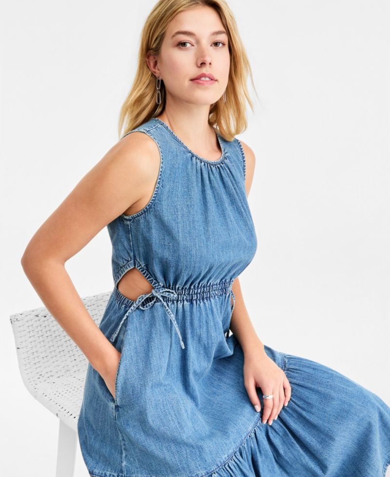 Women's Denim Tiered Cutout Midi Dress