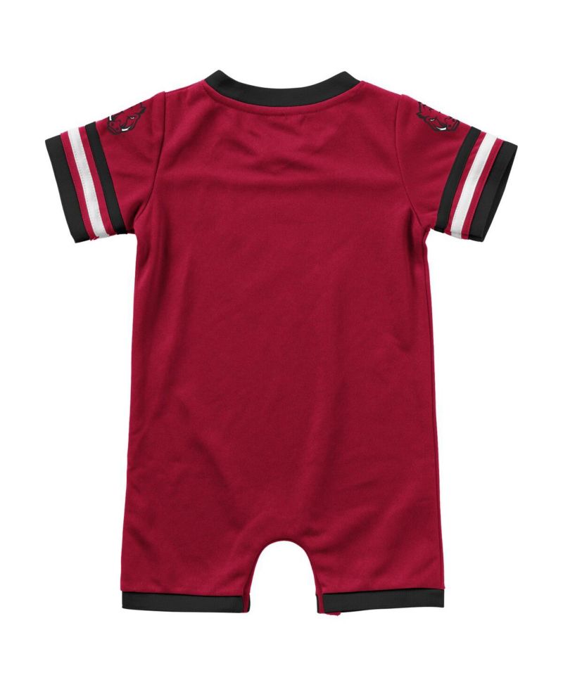 Newborn and Infant Boys and Girls Cardinal Arkansas Razorbacks Bumpo Football Logo Romper