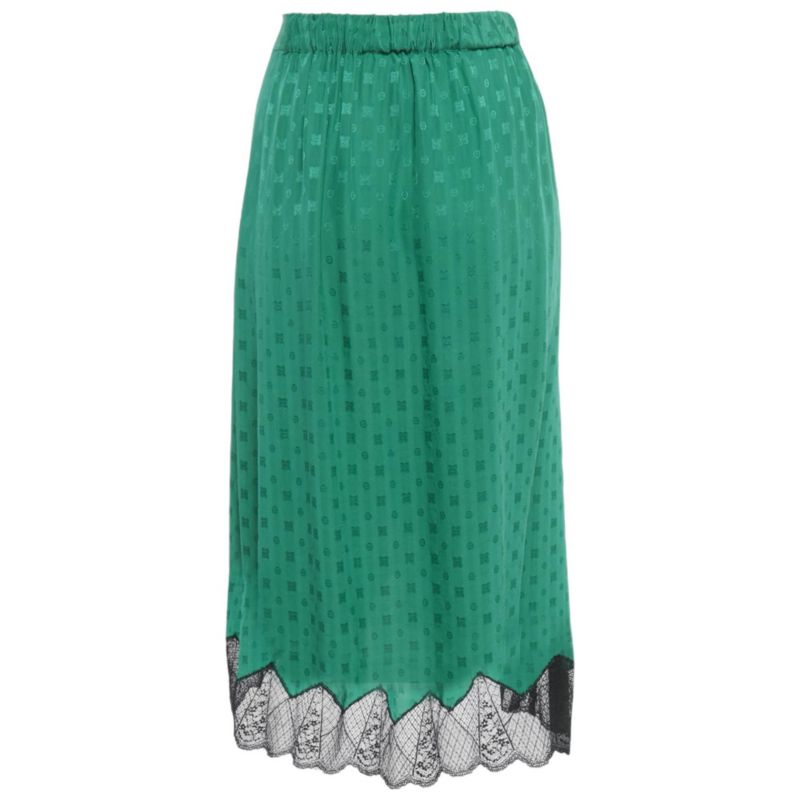 Women's Green Patterned Silk Lace Trim Joslin Midi Skirt