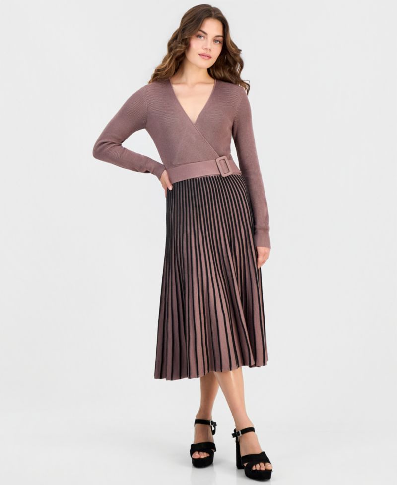 Petite Two-Tone Belted Sweater Dress