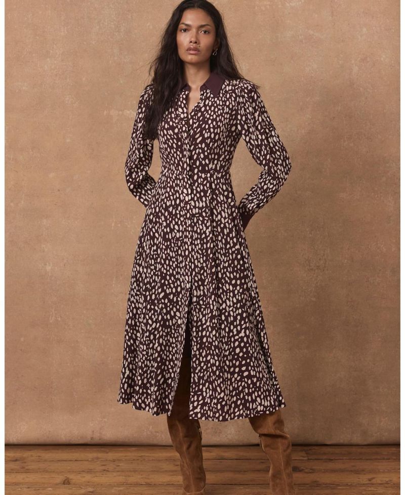 Women's Printed Contrast Midi Shirt Dress