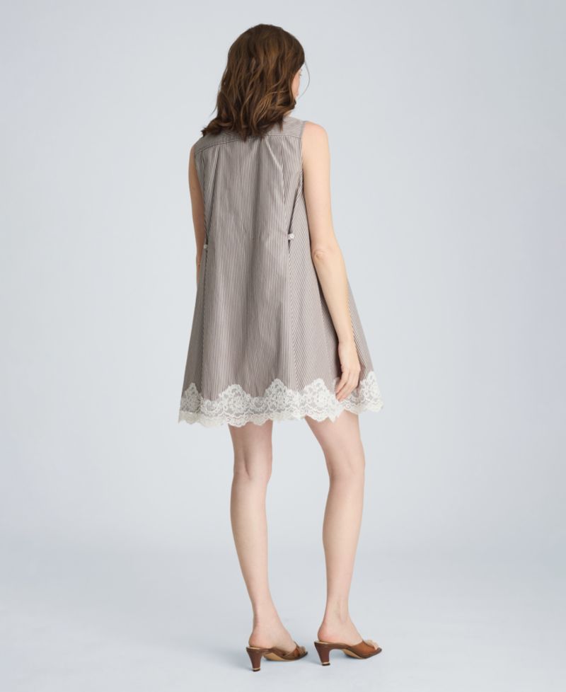 Women's Striped Collared Neck Swing Shirt Dress with Lace Trim