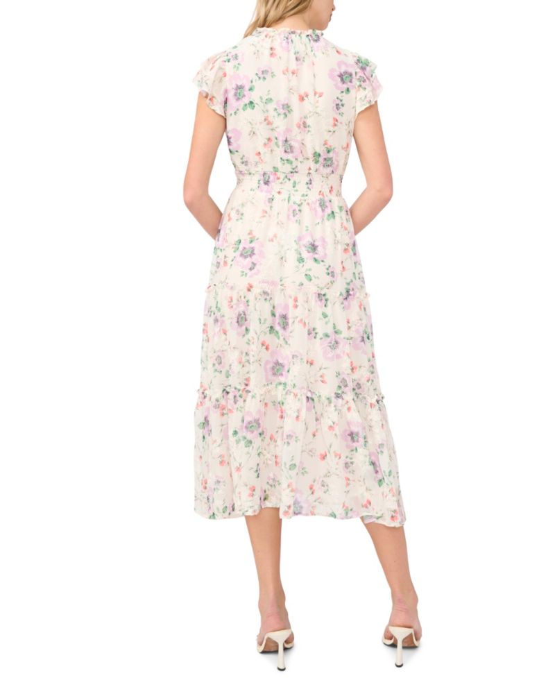 Women's Flutter-Sleeve Smocked Waist Split-Tie Neck Tiered Midi Dress