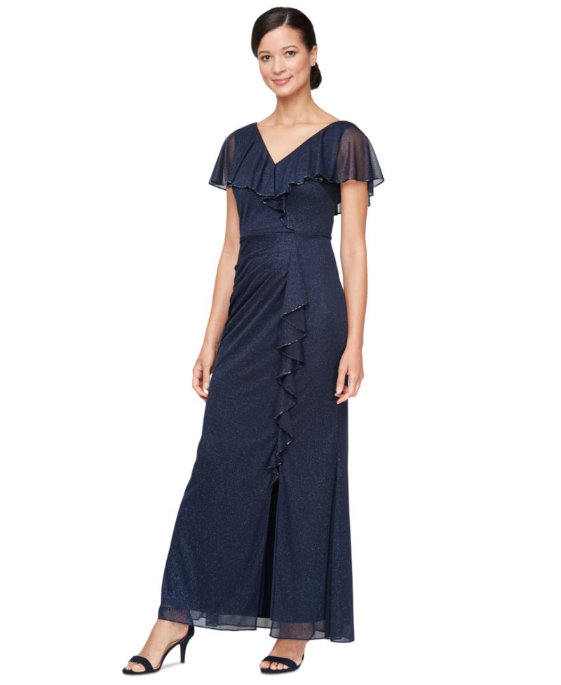 Women's Beaded Ruffled Capelet Gown
