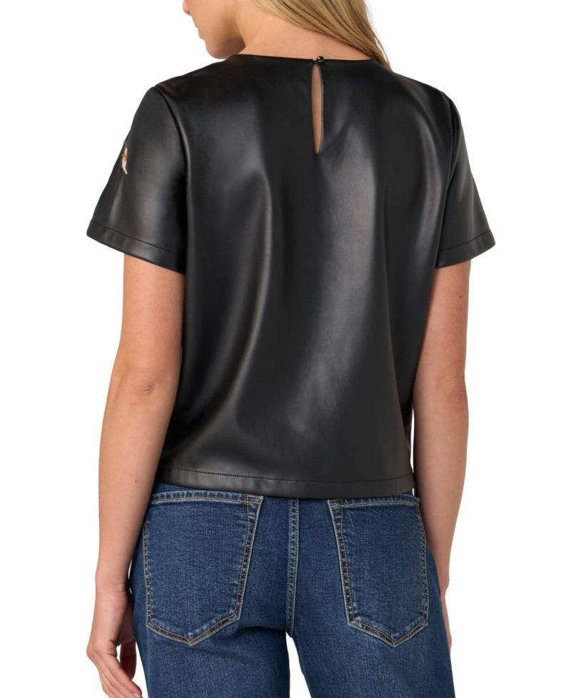 Women's Floral-Embroidered Short-Sleeve Faux Leather Tee
