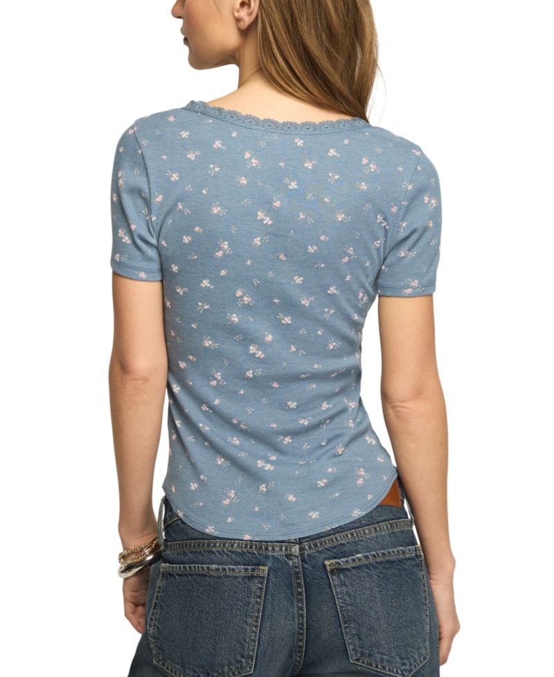 Women's Short-Sleeve Henley Lace-Trim T-Shirt