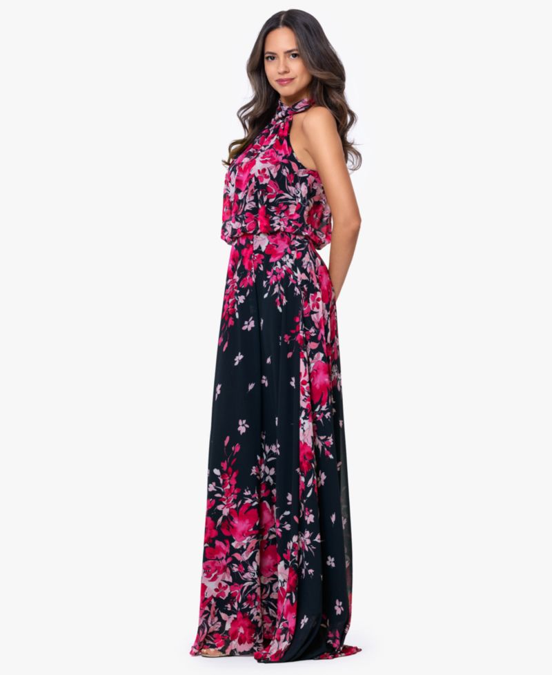 Women's Halter Neck Long Souffle Chiffon Floral Print Dress