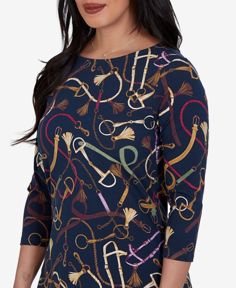 Petite Boat Neck 3/4-Sleeve Equestrian Print Blouse