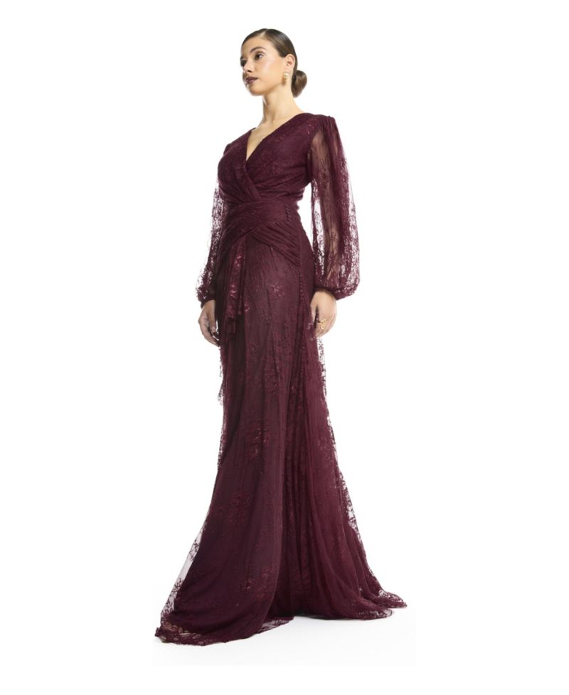 Women's Wrap Lace Gown with Sheer Sleeves - Tiered Ruffle Draped Evening Dress