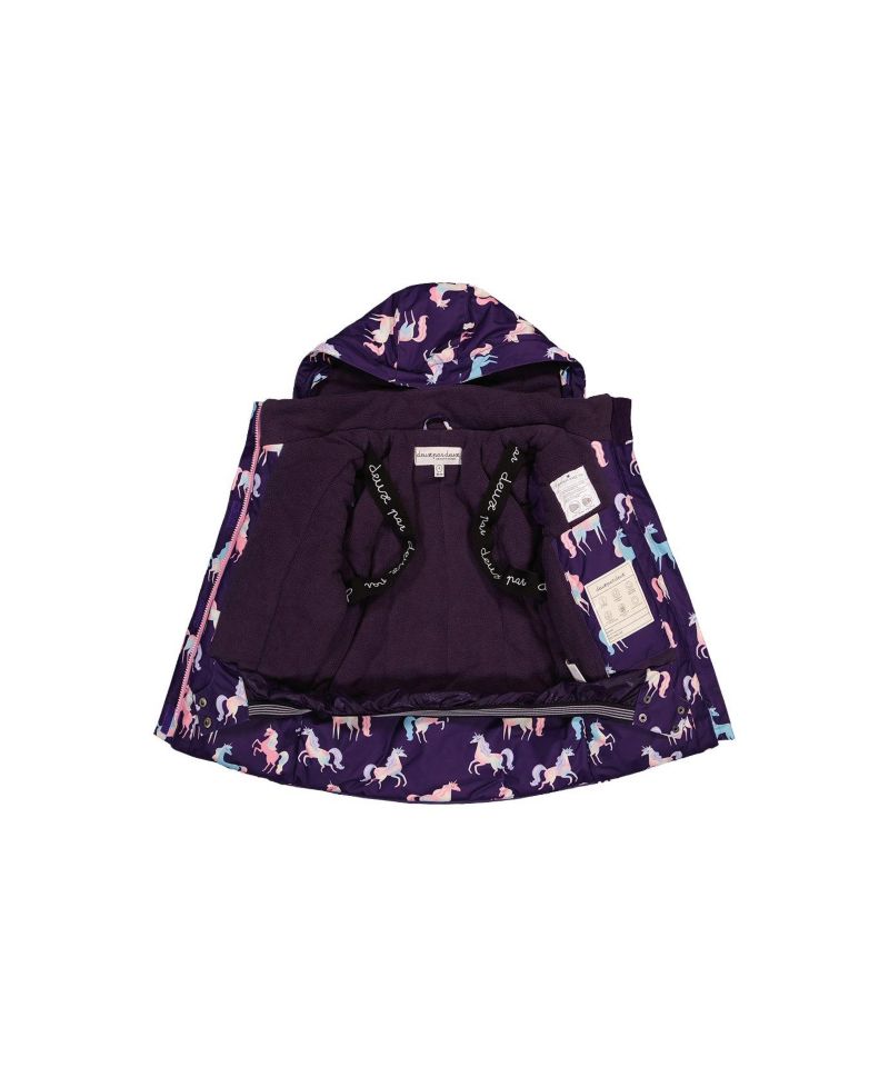 Little and Big Girl 6- 14 Two Piece Play Snowsuit Purple Unicorn Print with Multicolored Pants