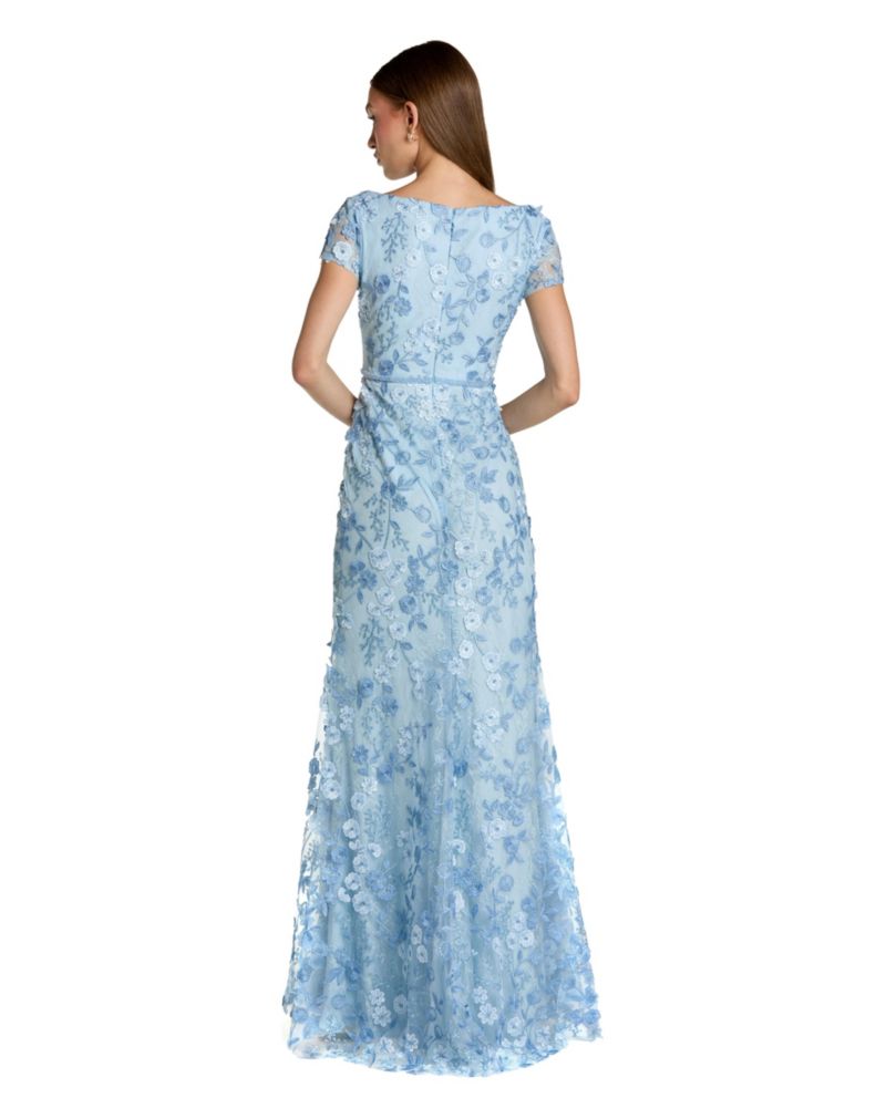 Petite Floral Applique Boat Neck Cap Sleeve Gown