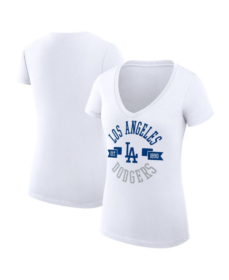 Women's White Los Angeles Dodgers Super-Slim Fit Lightweight City Graphic V-Neck T-Shirt