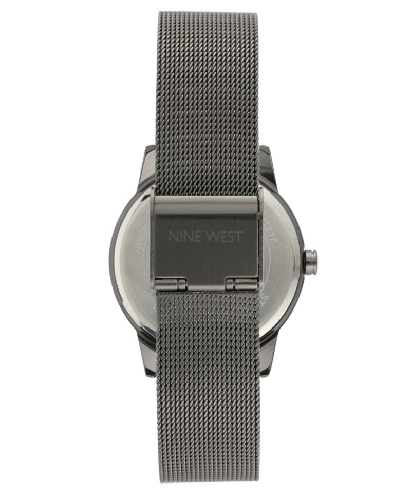 Women's Quartz Dark Gray Stainless Steel Mesh Band and Flower Pattern Watch, 35mm
