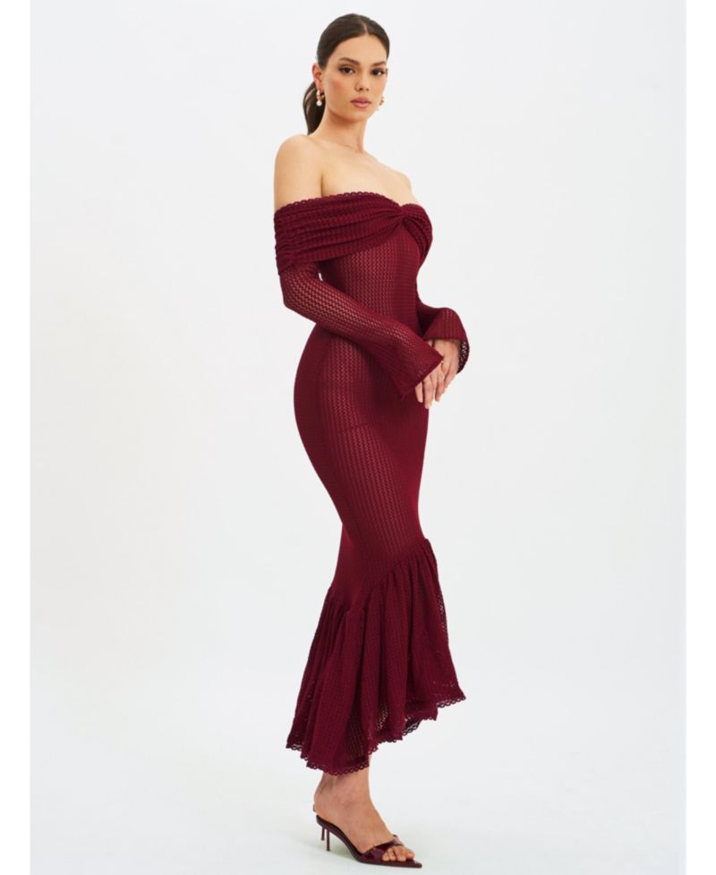 Women Kaedyn Burgundy Off Shoulder Long Sleeve Crochet Mermaid Maxi Dress