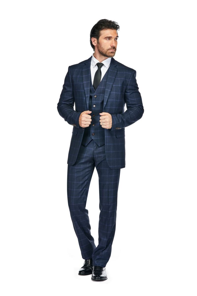 Men's 3-Piece Windowpane Plaid Slim Fit Suit