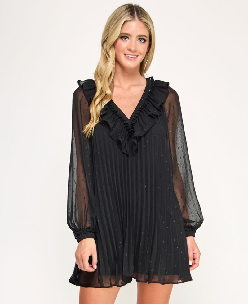 Juniors' Pleated Clip Dot Long Sleeve Dress