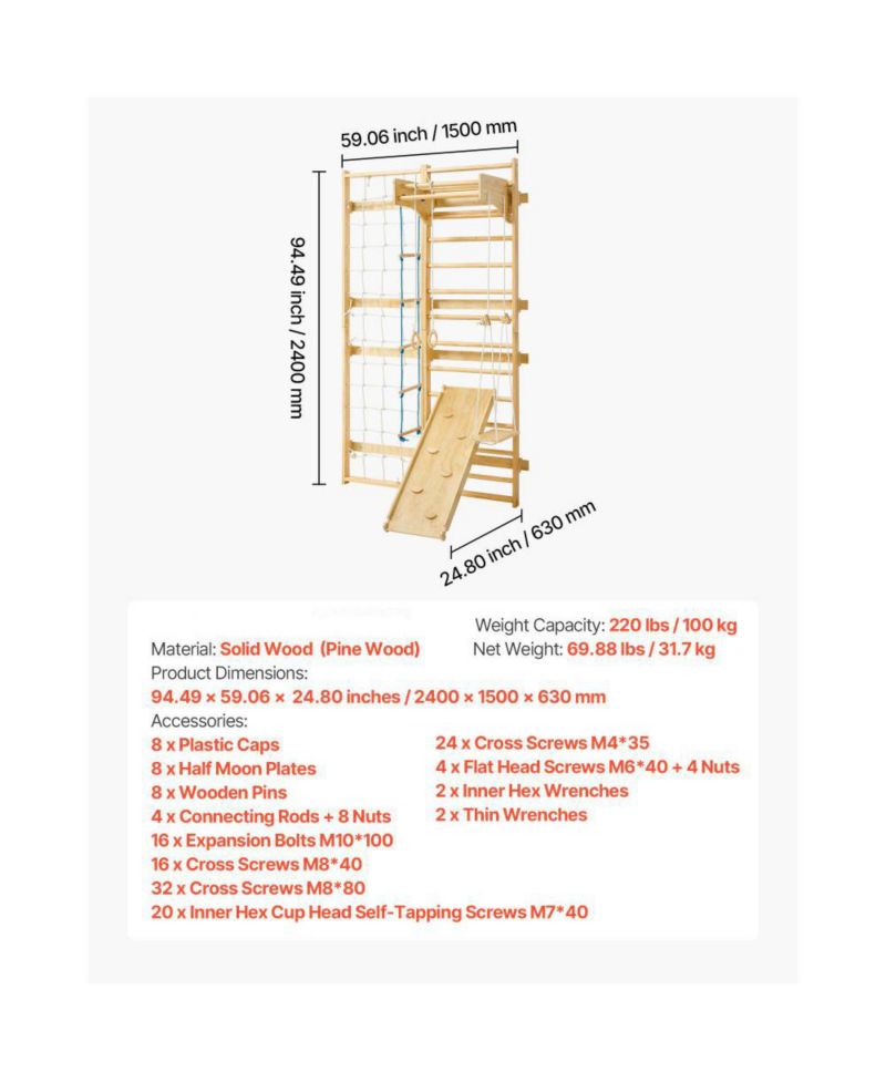 8 in 1 Swedish Ladder Wall Gym with Slide and Swing
