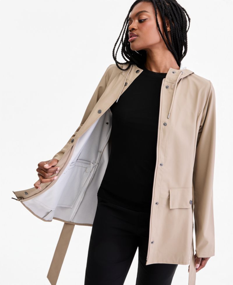 Women's Tie-Waist Snap-Front Hooded Rain Coat