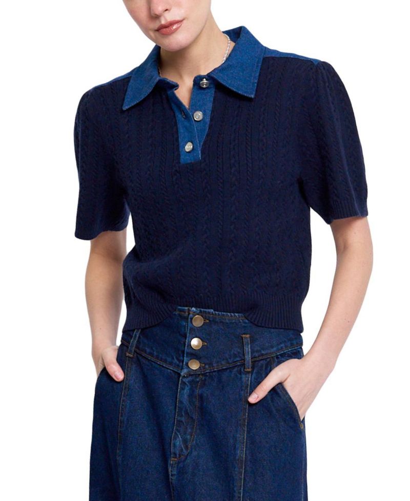 Women's Nash Cable-Knit Puff-Sleeve Denim-Collar Polo Shirt