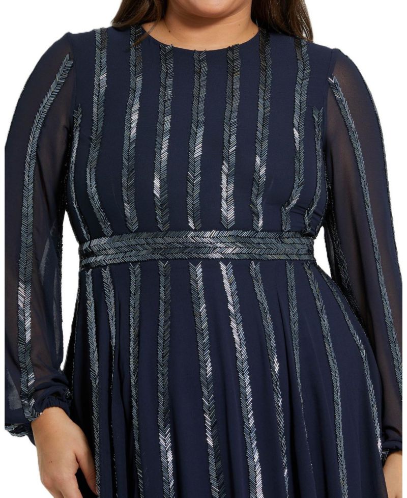 Plus Size Long Sheer Sleeve Beaded Dress