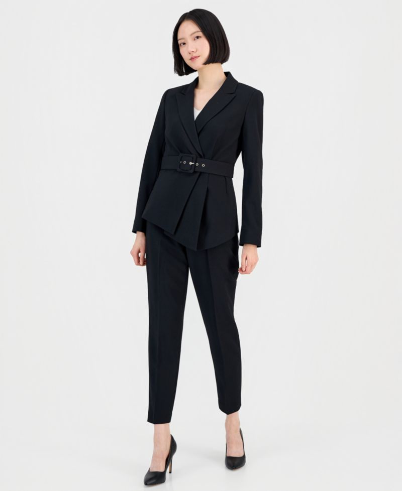 Women's Belted Asymmetrical Jacket & Slim-Fit Pantsuit Set