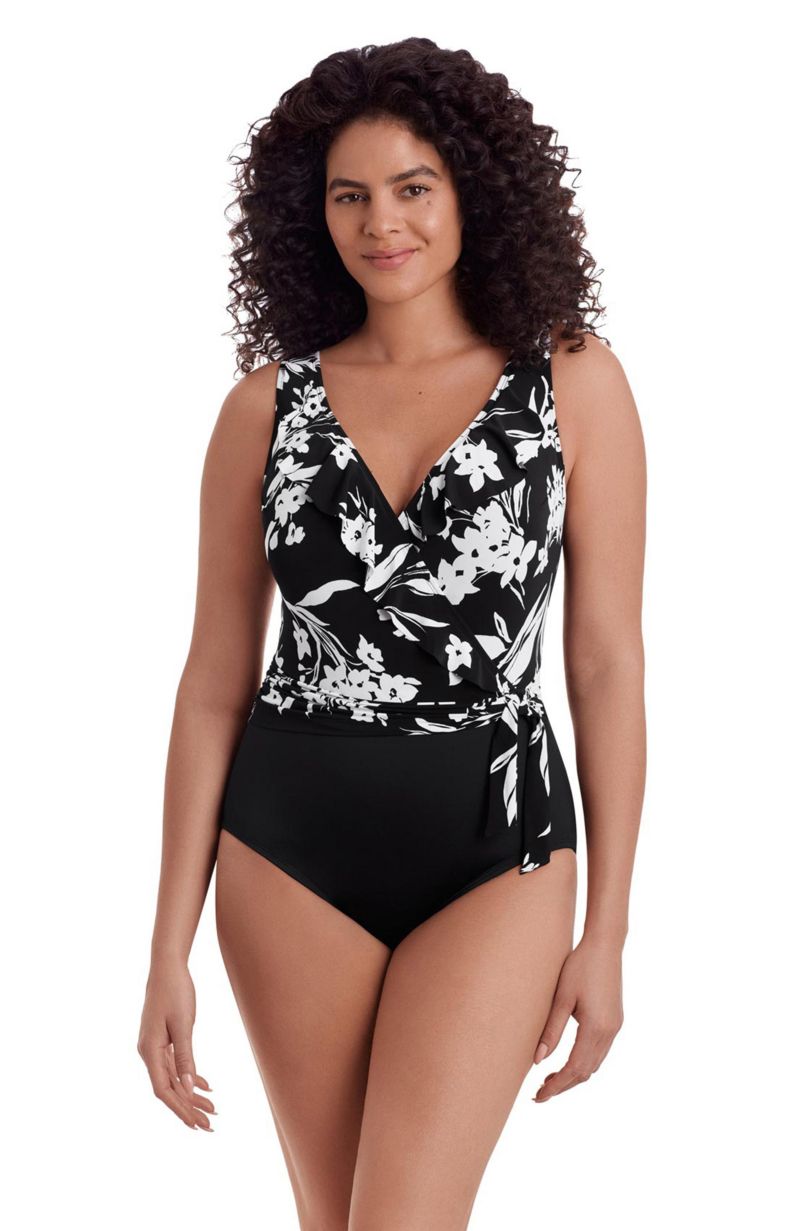Women's Ruffle Front Sash Surplice Long Torso One-Piece Swimsuit
