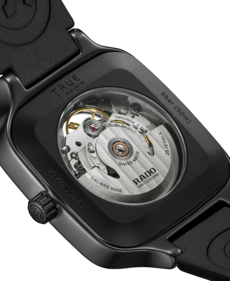 Unisex Swiss Automatic True Square Skeleton Black Rubber Strap Watch 38mm
