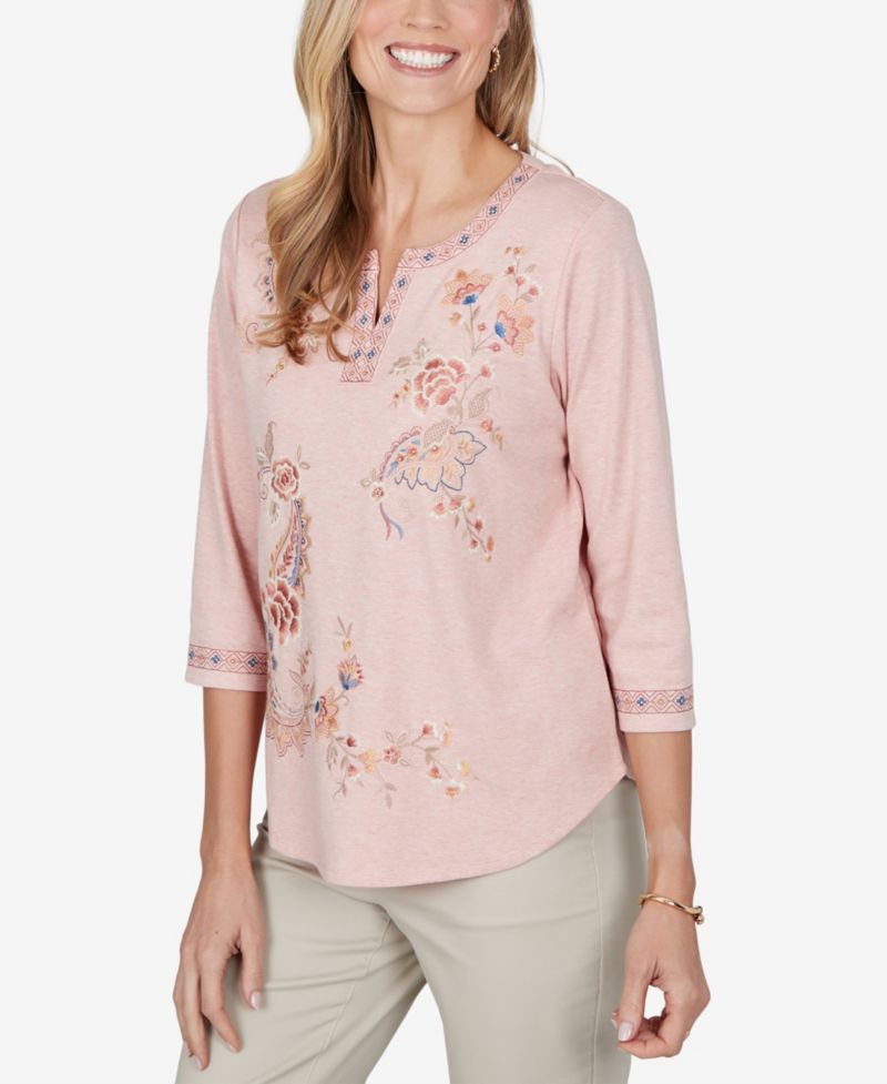 Petite 3/4-Sleeve Floral-Embroidered Henley Blouse