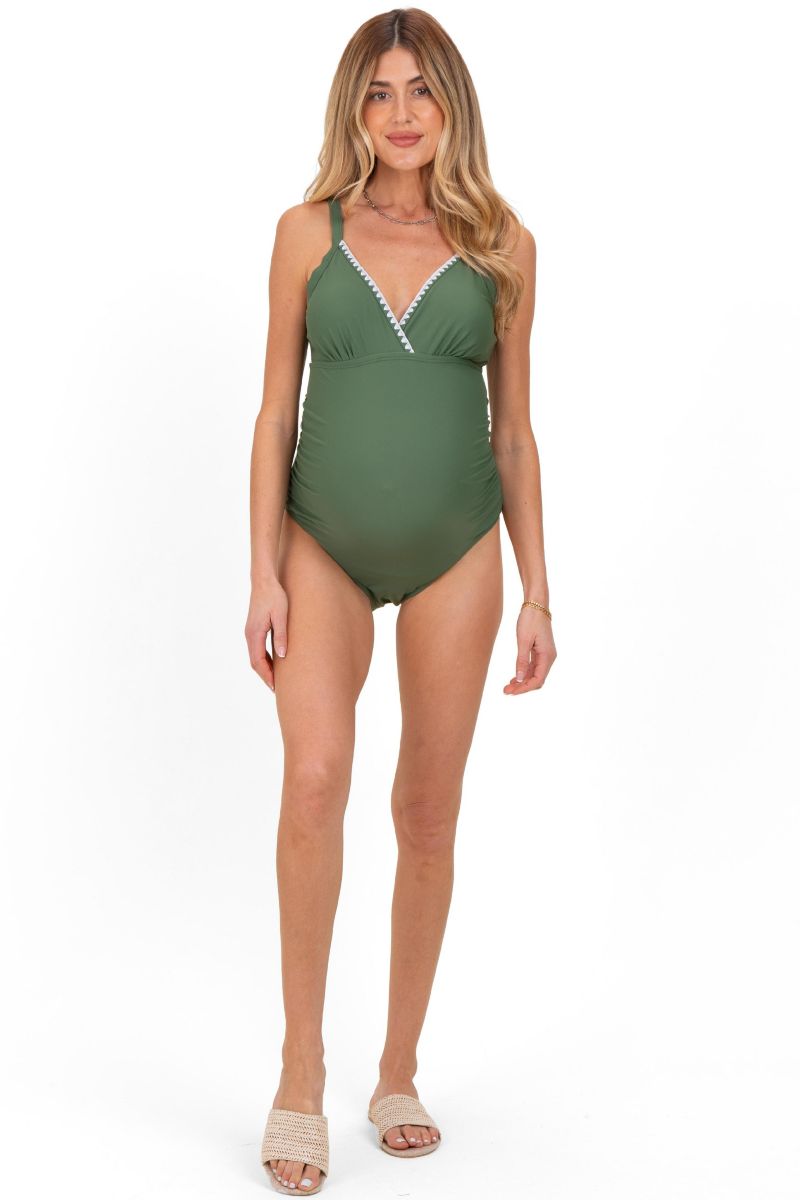 Women's Sage Embroidered V-Neck One Piece Swimsuit