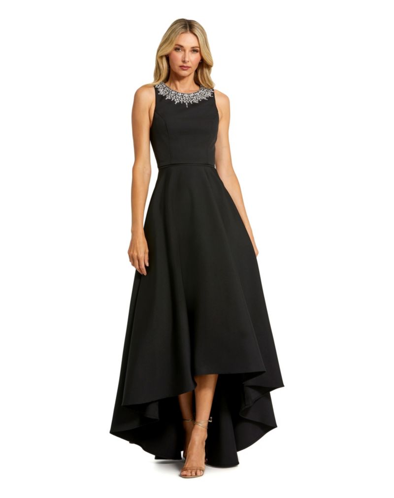 Petite Crepe Embellished Neck High Low Gown