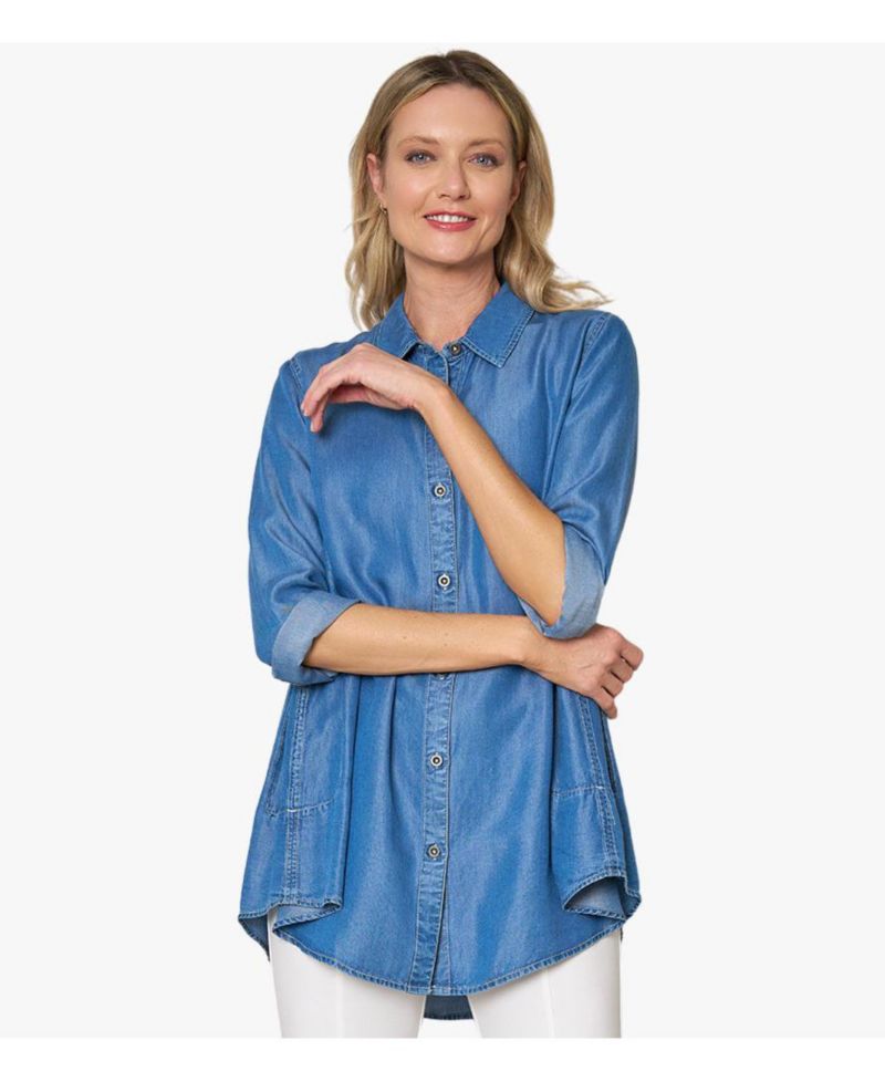 Women's Collared Denim Long Sleeve Button-Front Prime Time Tunic