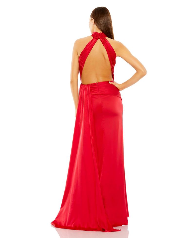 Women's Open Back High Neck Side Ruched Gown