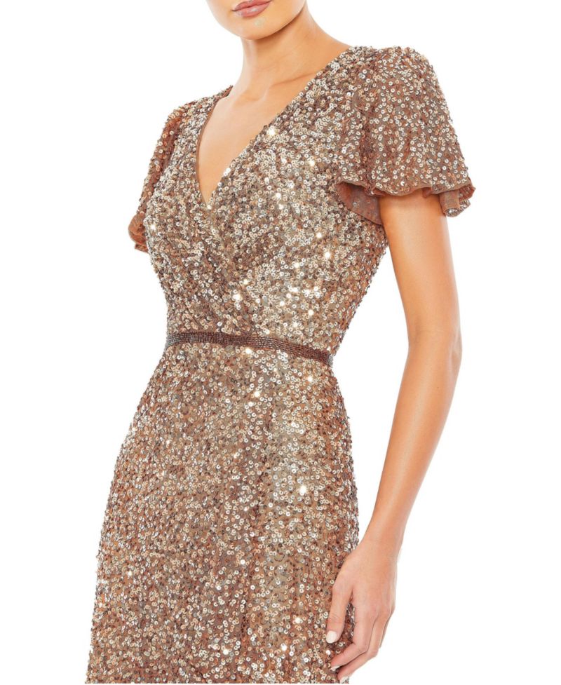 Women's Sequined Wrap Over Butterfly Sleeve Draped Gown