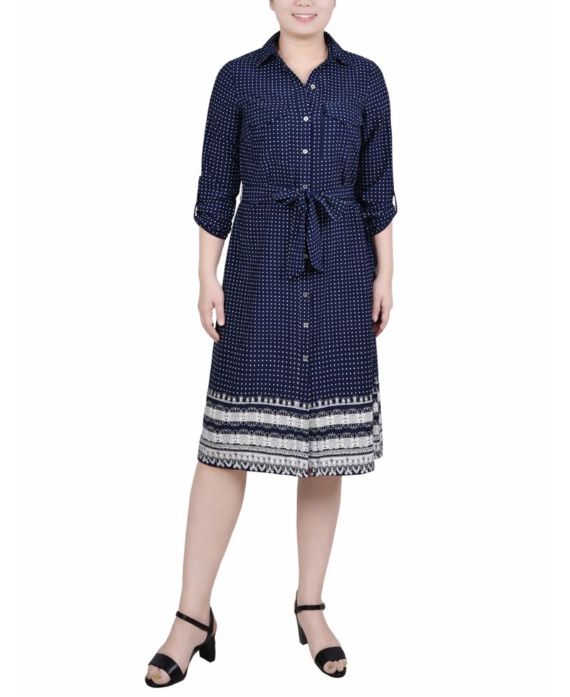Petite 3/4 Roll Tab Sleeve Belted Shirtdress