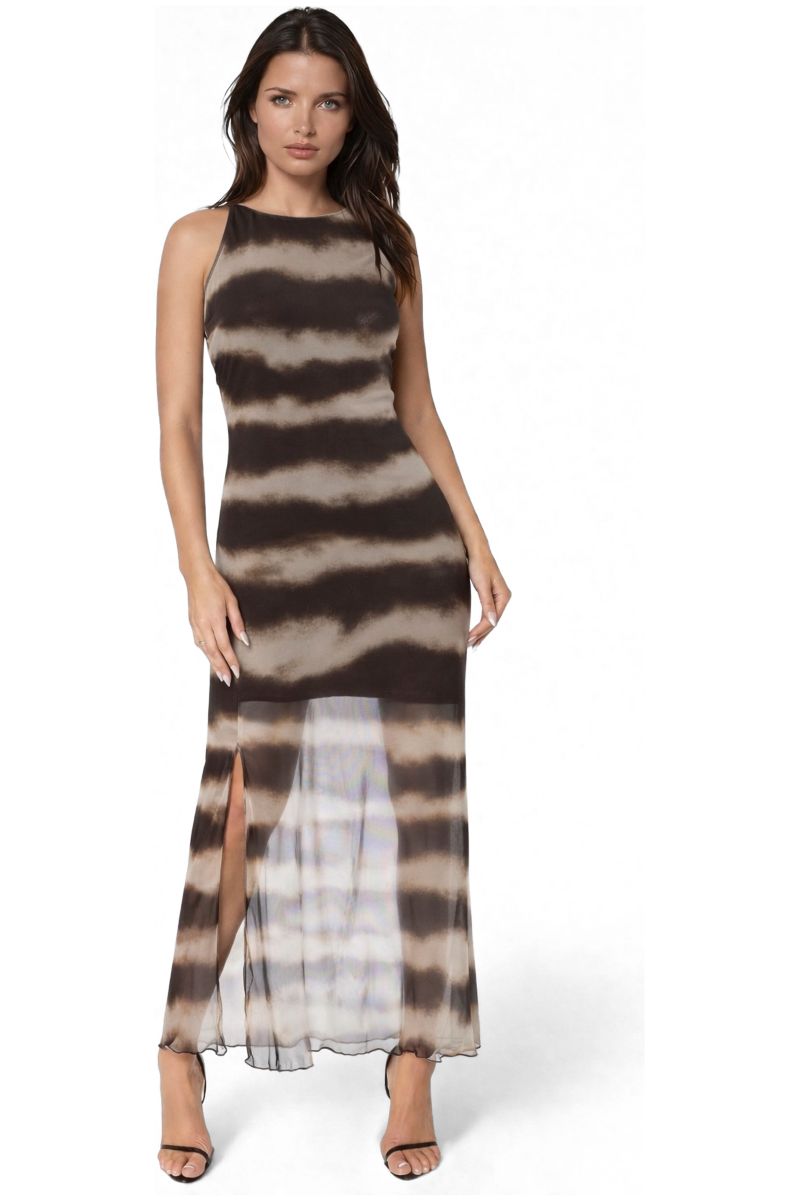 Womens Printed Powermesh Side Shirred Maxi Dress