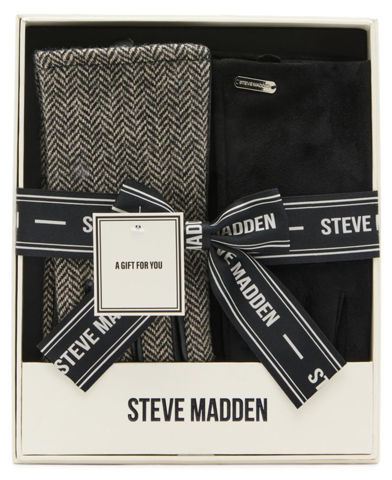 2-Piece Herringbone and Faux Leather Glove Set