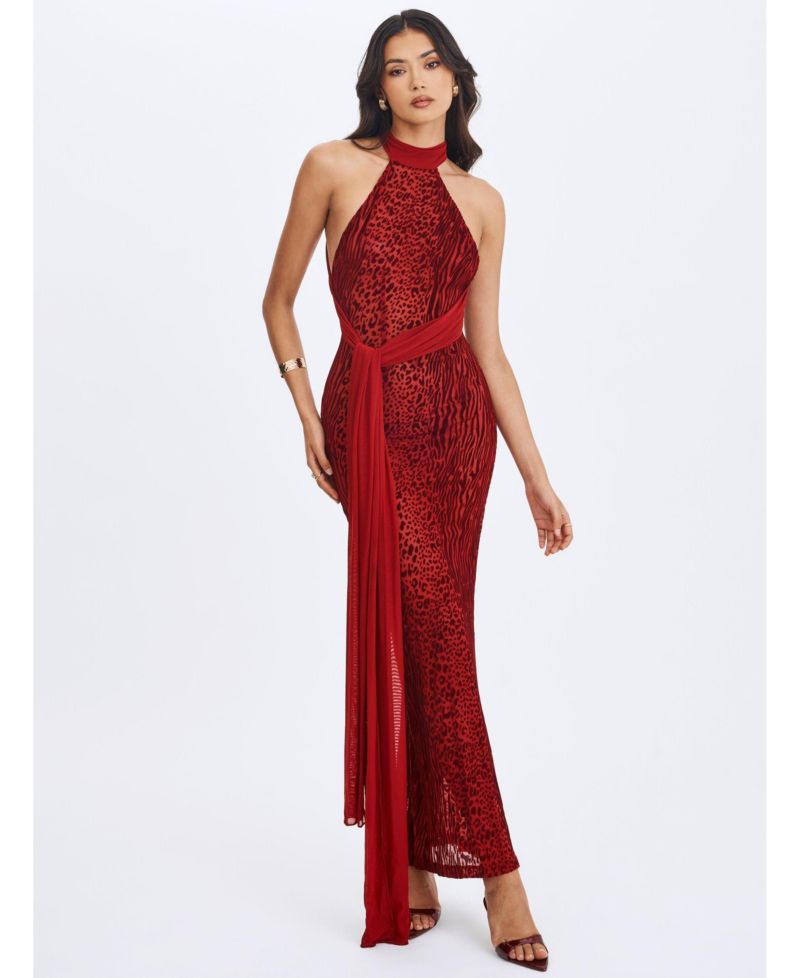 Women's Cerise Scarlet Burnout Velvet Multiwear Mesh Ribbon Maxi Dress