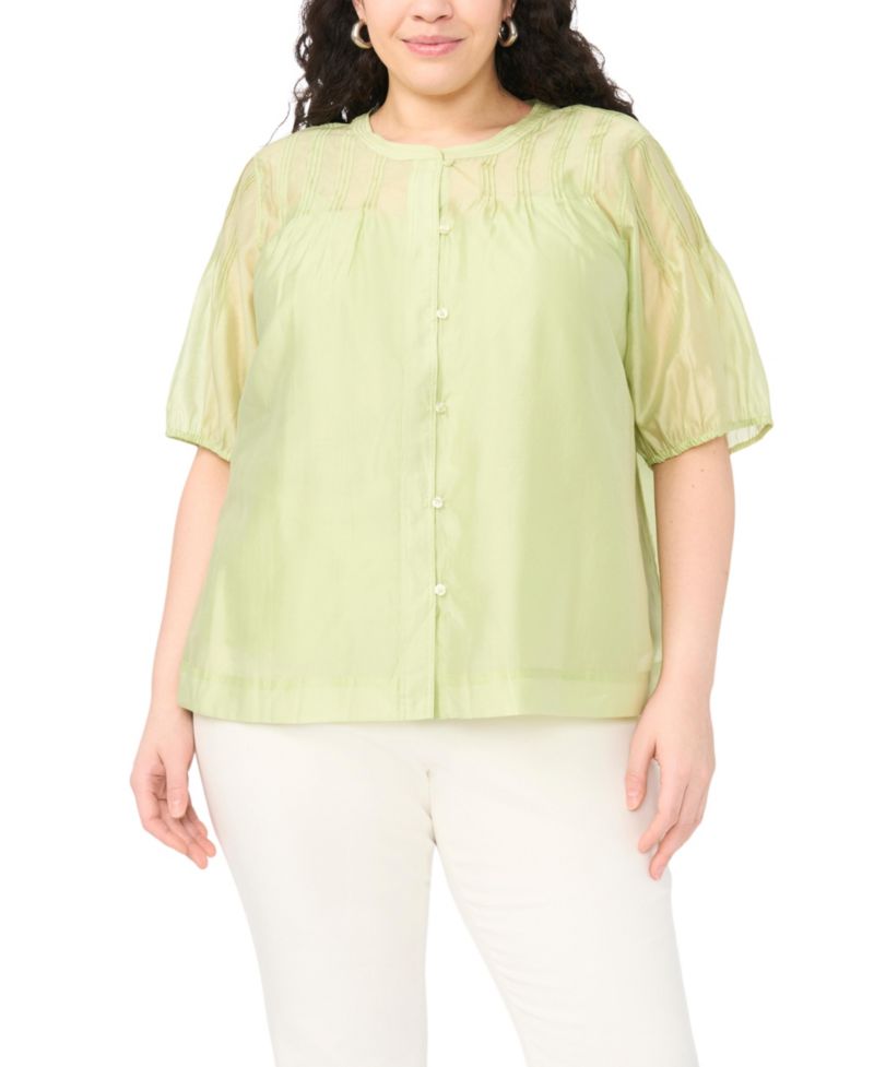 Plus Size Puff-Sleeve with Front Pleats Top