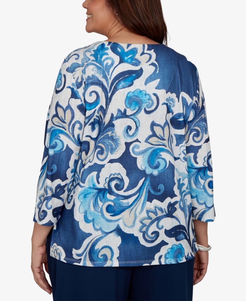 Plus Size Floral-Print 3/4-Sleeve T-Shirt