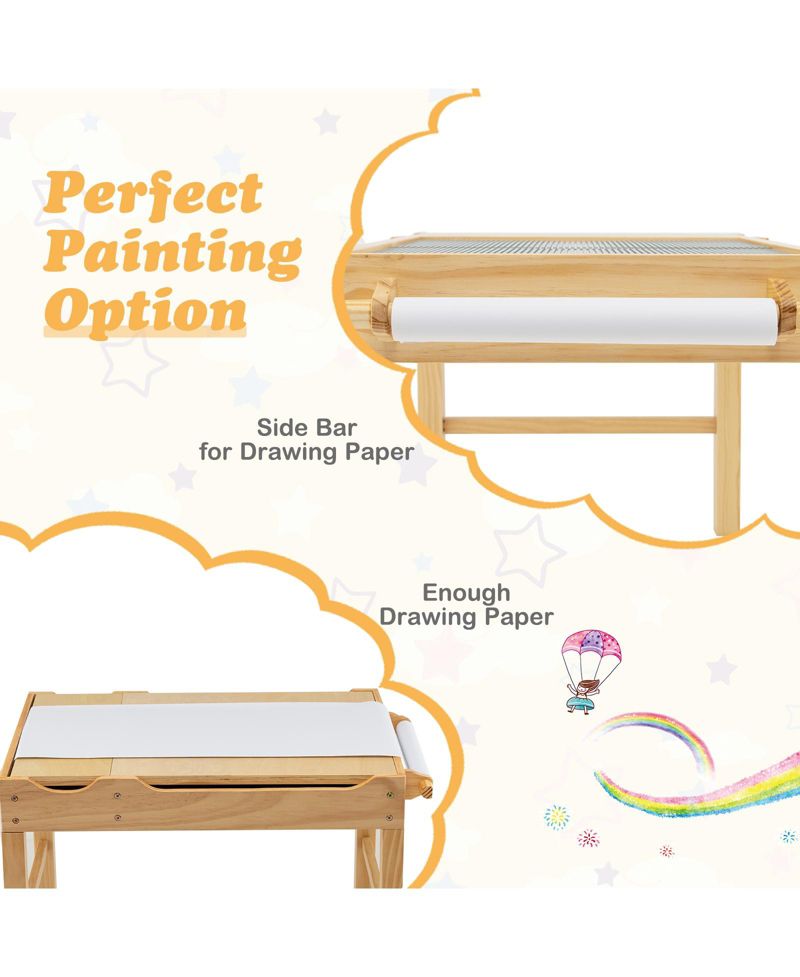 Wooden Building Block Activity Desk for Kids with Storage and Paper Roll