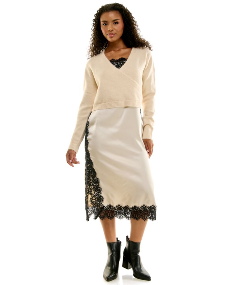 Juniors' Wrap Sweater and Lace Trim Midi Slip Dress, 2-Piece Set