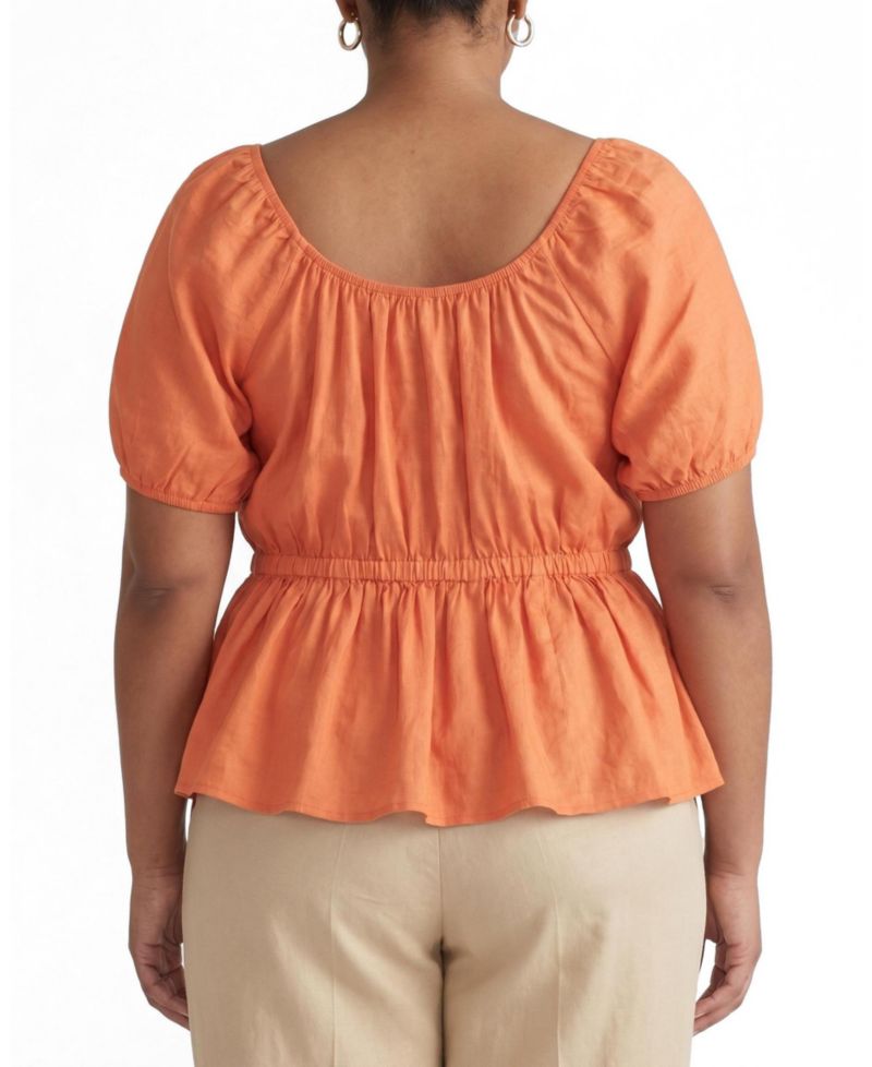Plus Size Andrea Linen-Blend Short-Sleeve Peplum Top